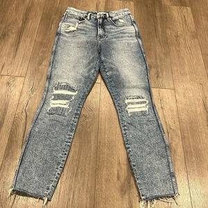 [6/28]Good American Good Curve Blue 330 Distressed Skinny High Rise Fringe Jeans
